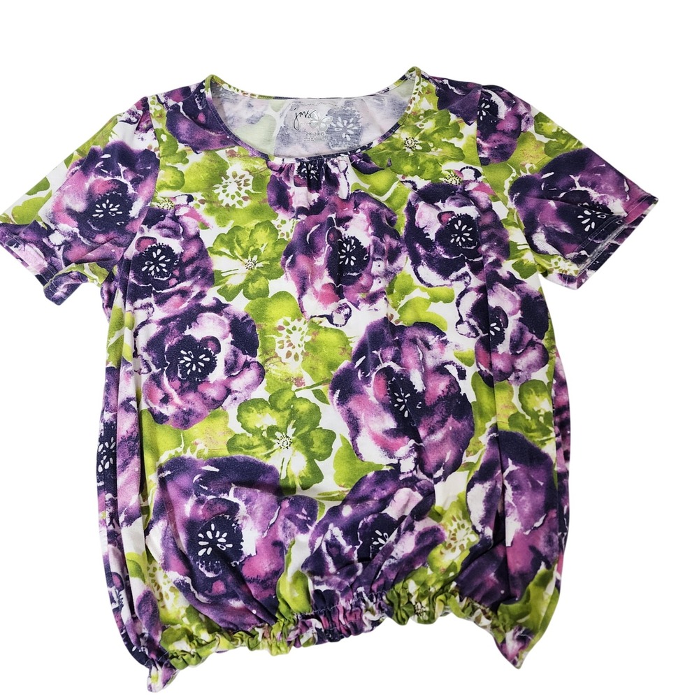 Just My Size Womens 2X Purple Green Floral Bubble Hem‎ Short Sleeve Blouse Top